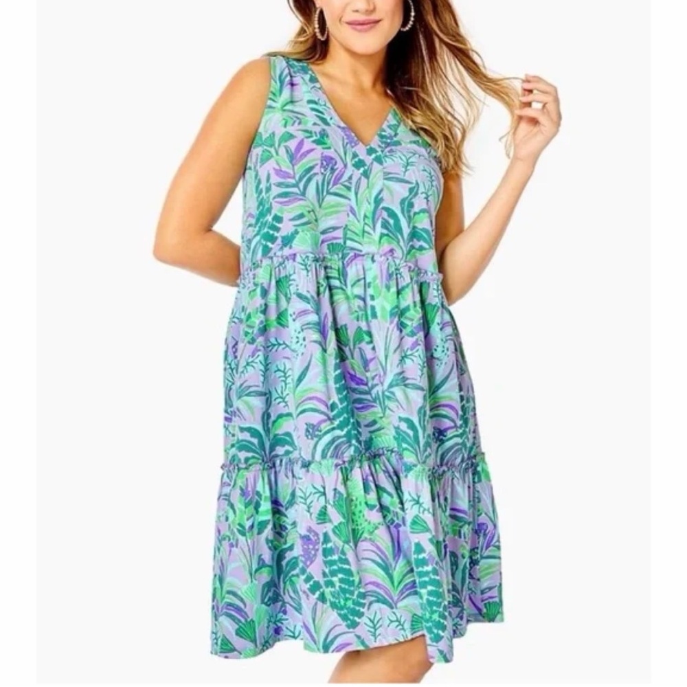 Lilly Pulitzer Lorina Purple Iris Print Cotton Swing Ruffle Tier V-Neck Dress XL